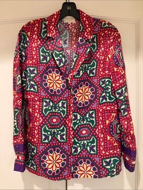 Sezane Multicolor Red Green Purple Floral Geometric Button-Up with optional belt